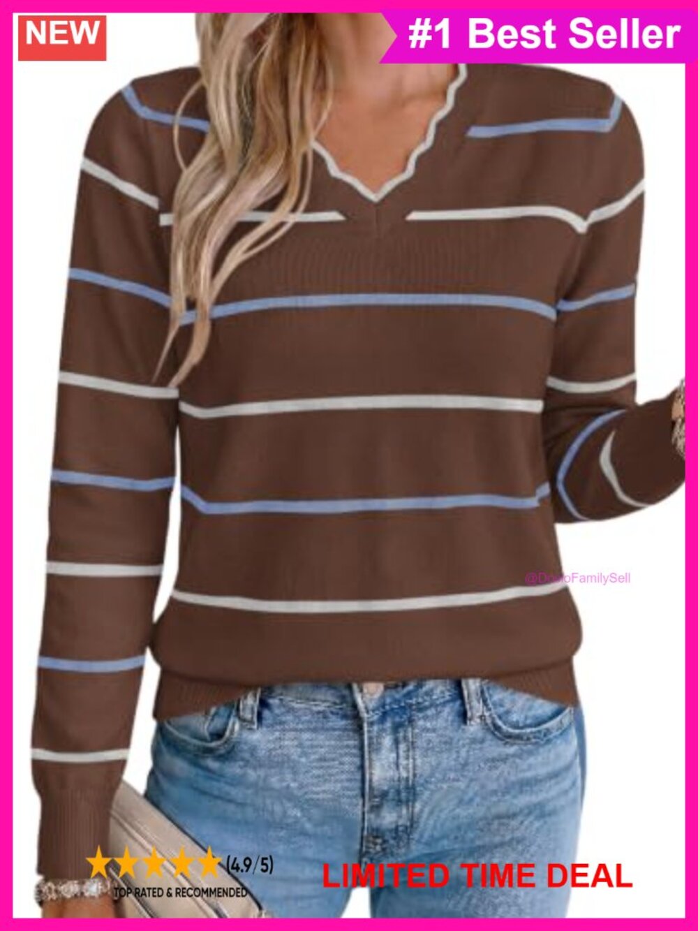 Women's Striped V-Neck Pullover Sweater Soft Knit Long Sleeve